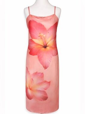 Tropical Hibiscus Cowl Neck Maxi Dress Pink Floral Slip XL